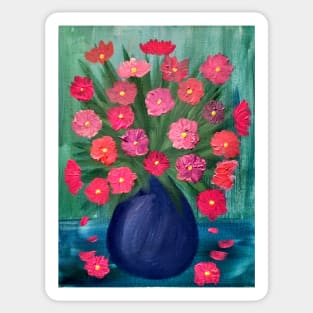 beautiful flowers done in metallic paint . In a blue vase . Sticker